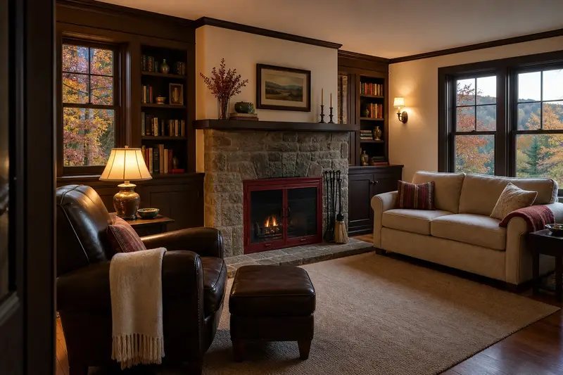 A lived-in family room with a factory-built wood-burning fireplace with a stone facing, books on built-in shelves and a lamp lit, no one present; illustrative image