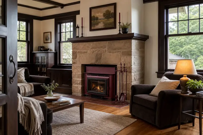 A clean hearth room with a wood-burning insert in a brick opening and fireplace tools on a stand; illustrative image