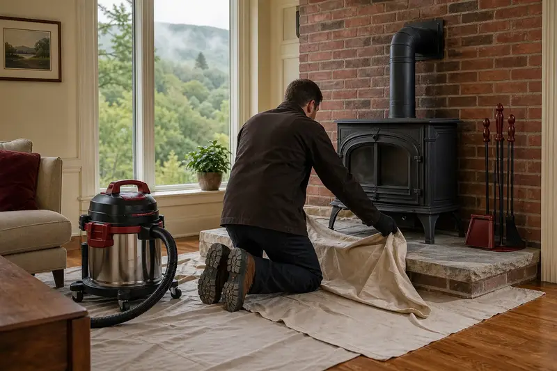 A technician setting drop cloths and a sealed vacuum in front of a cast-iron wood stove on a stone hearth pad before a cleaning; illustrative image