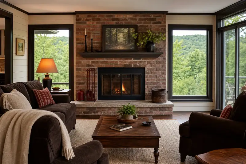 A hearth room with an open masonry wood-burning fireplace, a clear hearth and soft window light; illustrative image