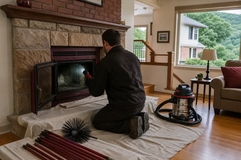 A technician holding an inspection light at a wood-burning insert in a brick opening, a brush kit waiting on the drop cloth; illustrative image
