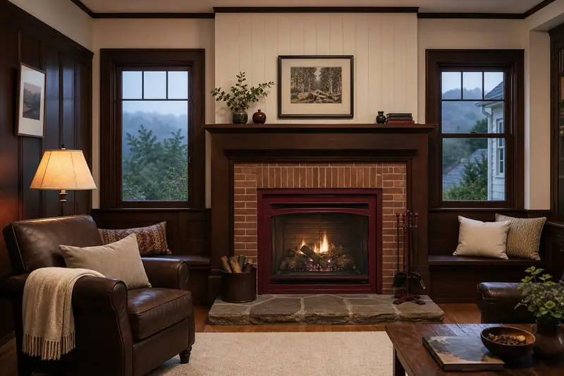A living room with a direct-vent gas fireplace seen straight on, its opening, hearth and surround clear; illustrative image