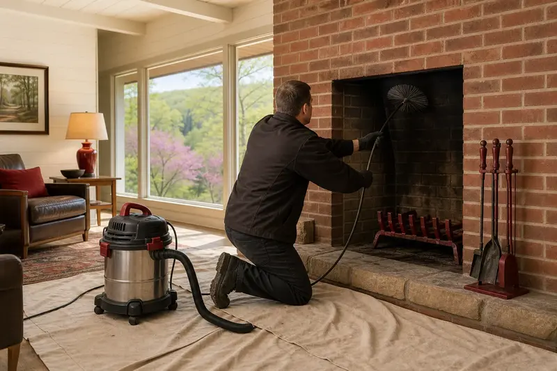 A technician feeding a rotary chimney brush up the flue of an open masonry wood-burning fireplace, drop cloths and a sealed vacuum on the hearth; illustrative image