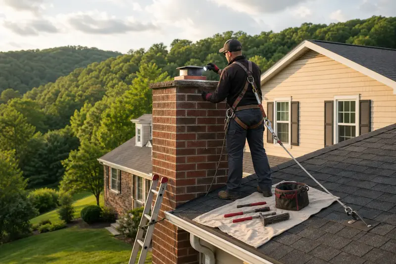 A harnessed technician examining the top of an exterior end brick chimney on a gable roof with a flashlight from a dry roof surface; illustrative image