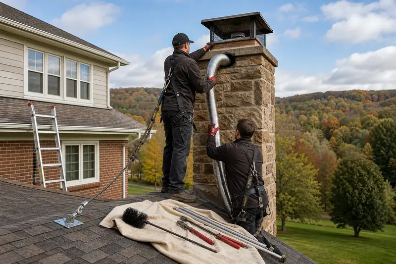 Two harnessed technicians feeding a stainless steel liner into a sandstone chimney with a metal cap from a dry roof; illustrative image