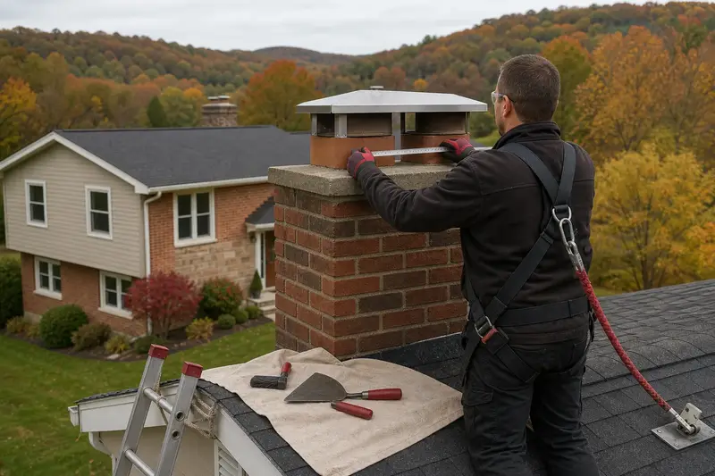 A harnessed mason measuring the crown of a two-flue brick chimney with a stainless steel cap with a folding rule; illustrative image