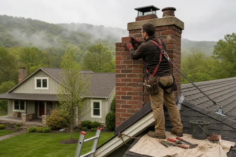 A harnessed mason setting a replacement brick near the top of an exterior end brick chimney on a gable roof; illustrative image