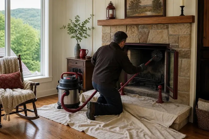 A technician brushing the flue of a factory-built wood-burning fireplace with a stone facing from the firebox, drop cloths and a sealed vacuum in place; illustrative image