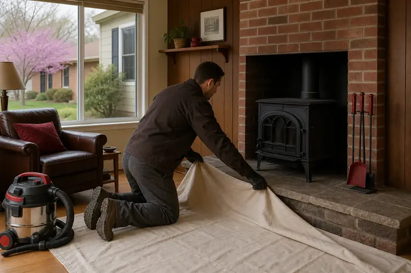 A technician laying drop cloths before servicing a cast-iron wood stove on a stone hearth pad, the fireplace cold; illustrative image