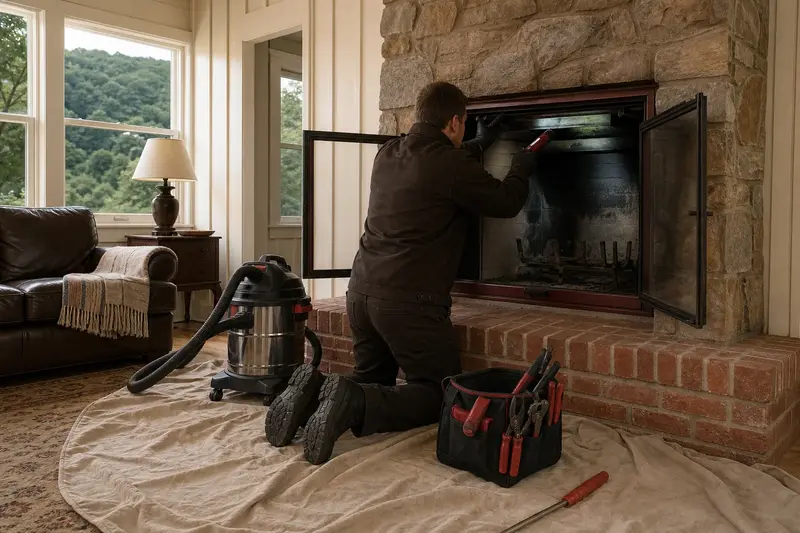 A technician checking the damper and smoke chamber of a factory-built wood-burning fireplace with a stone facing by flashlight, the fireplace cold; illustrative image