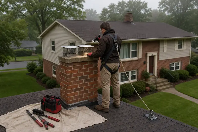 A harnessed technician examining the top of a two-flue brick chimney with a stainless steel cap with a flashlight from a dry roof surface; illustrative image