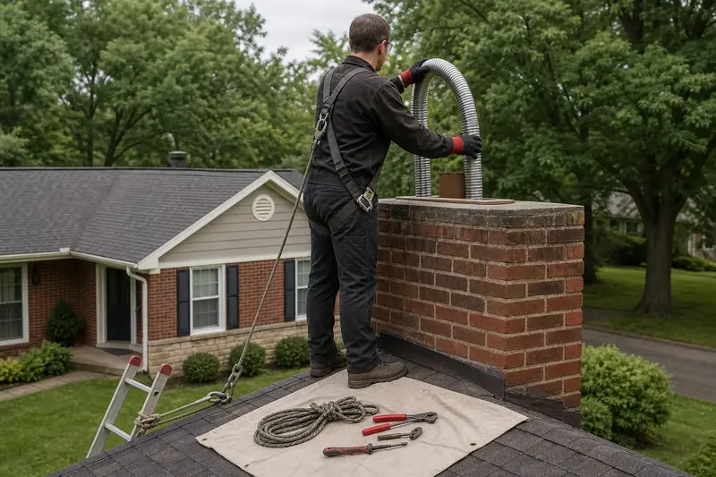 A harnessed technician guiding a flexible stainless steel liner down into the flue at the top of an exterior end brick chimney on a gable roof; illustrative image