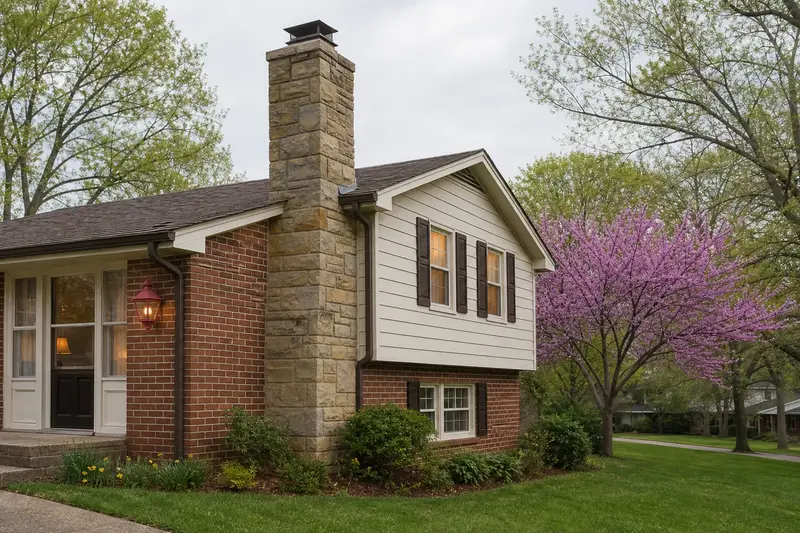 A 1970s split-level house with brick and siding with a sandstone chimney with a metal cap rising above the roof; illustrative image