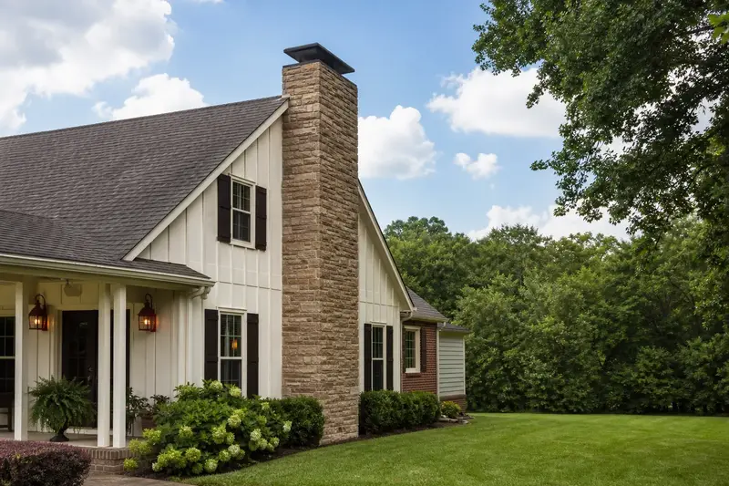 A 1970s farmhouse-style house with board-and-batten siding with a sandstone chimney with a metal cap and neat mortar joints; illustrative image