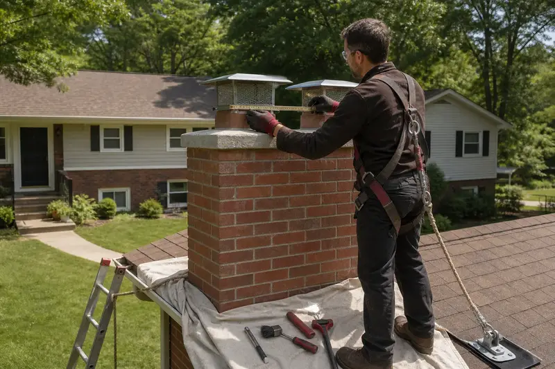 A harnessed mason measuring the crown of a two-flue brick chimney with a stainless steel cap with a folding rule; illustrative image