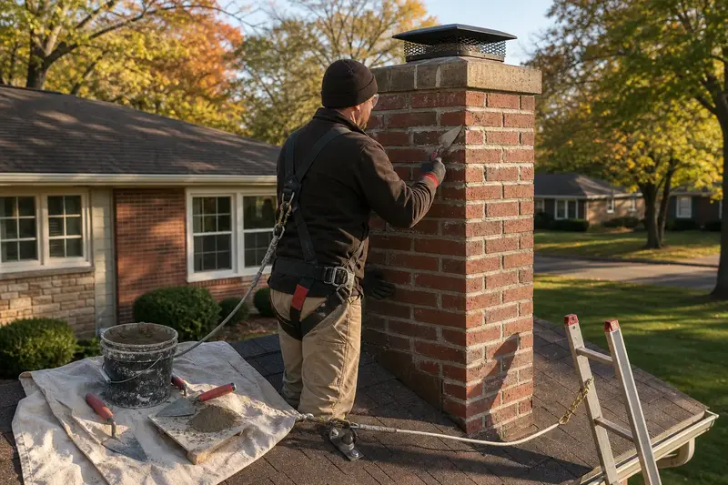 A harnessed mason repointing mortar joints on an exterior end brick chimney on a gable roof with a pointing trowel; illustrative image