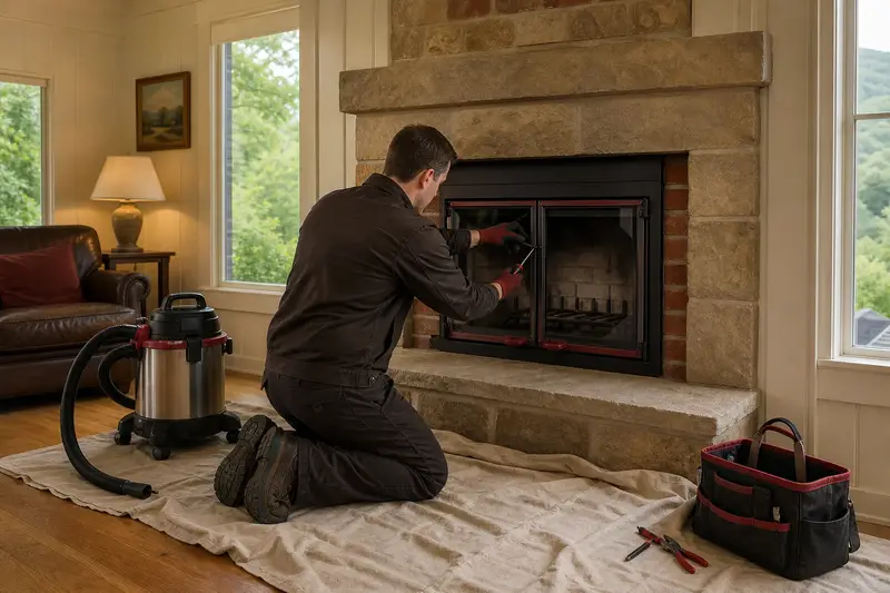 A technician adjusting the glass doors of a wood-burning insert in a brick opening with a hand tool, the fireplace unlit; illustrative image