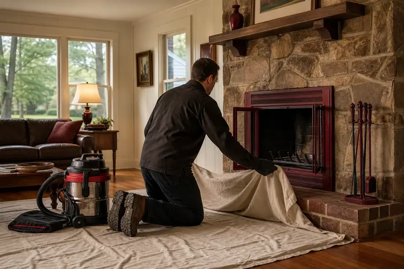 A technician laying drop cloths before servicing a factory-built wood-burning fireplace with a stone facing, the fireplace cold; illustrative image