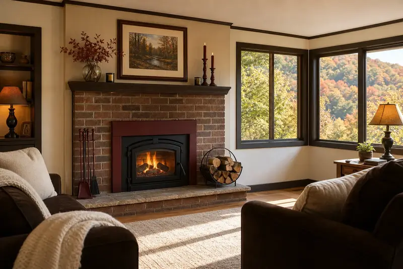 A tidy hearth room with a wood-burning insert in a brick opening, a cleared hearth, fireplace tools and split firewood; illustrative image