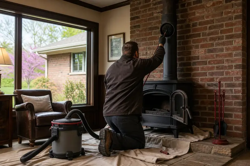 A technician feeding a rotary chimney brush up the flue of a cast-iron wood stove on a stone hearth pad, drop cloths and a sealed vacuum on the hearth; illustrative image