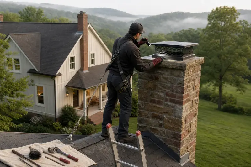 A harnessed technician examining the top of a sandstone chimney with a metal cap with a flashlight from a dry roof surface; illustrative image