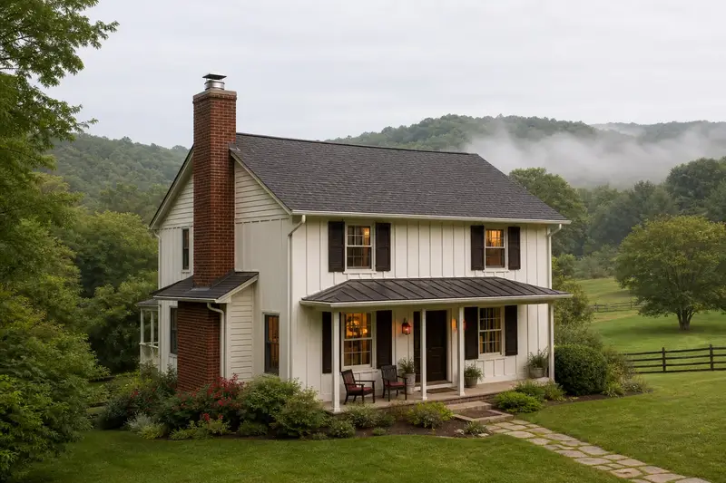 A 1980s farmhouse-style house with board-and-batten siding with a red brick chimney with a concrete crown on an asphalt shingle roof fitted with a stainless steel liner cap; illustrative image