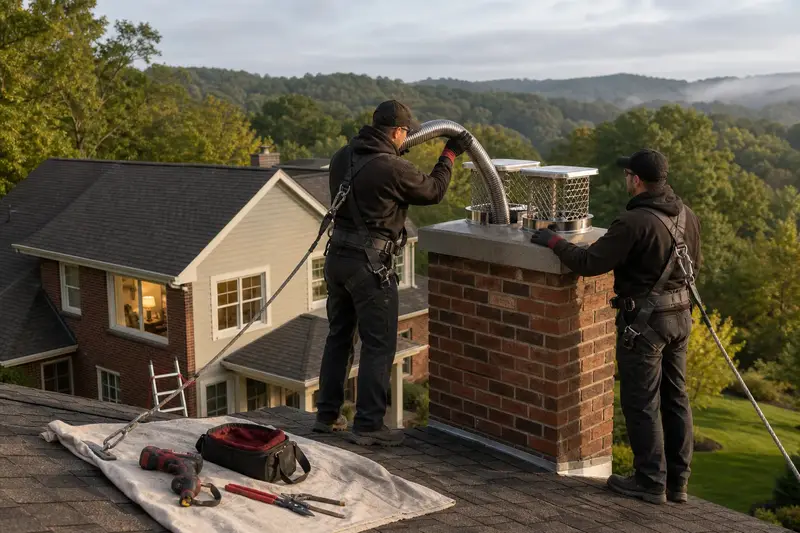 Two harnessed technicians feeding a stainless steel liner into a two-flue brick chimney with a stainless steel cap from a dry roof; illustrative image