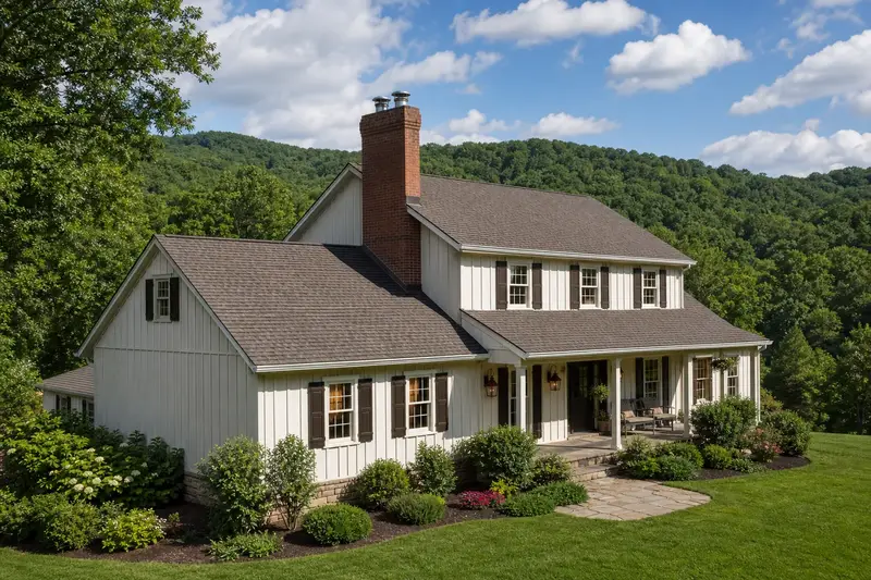 A 1980s farmhouse-style house with board-and-batten siding with a two-flue brick chimney with a stainless steel cap rising above the roof; illustrative image