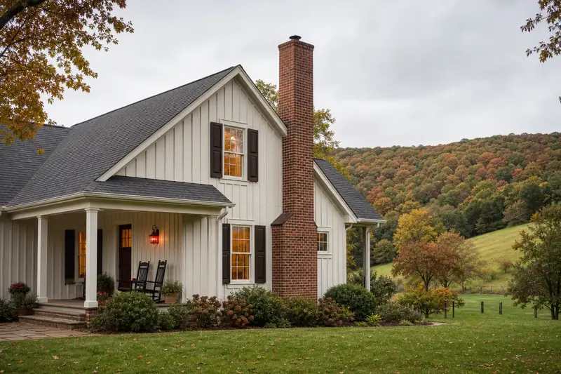A 1980s farmhouse-style house with board-and-batten siding with an exterior end brick chimney on a gable roof and neat mortar joints; illustrative image