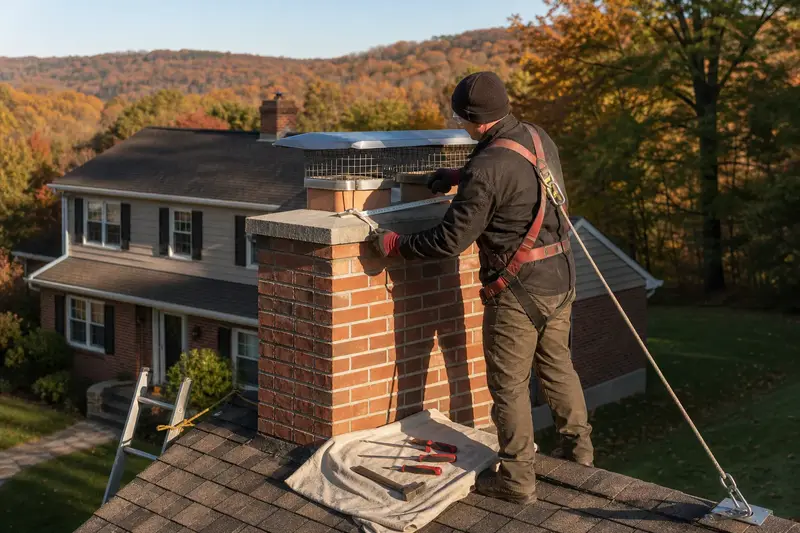 A harnessed mason measuring the crown of a two-flue brick chimney with a stainless steel cap with a folding rule; illustrative image