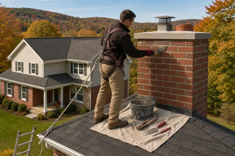 A harnessed mason repointing mortar joints on a red brick chimney with a concrete crown on an asphalt shingle roof with a pointing trowel; illustrative image