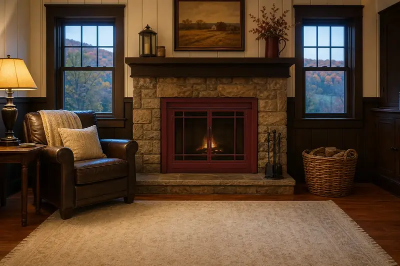 A clean hearth room with a factory-built wood-burning fireplace with a stone facing, glass doors closed, in soft daylight; illustrative image