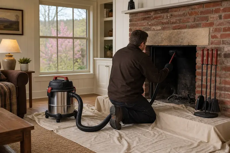 A technician brushing the flue of an open masonry wood-burning fireplace from the firebox, drop cloths and a sealed vacuum in place; illustrative image