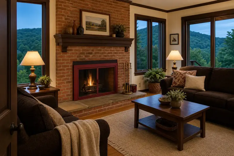 A restored hearth room with an open masonry wood-burning fireplace, a clean hearth and brass fireplace tools; illustrative image
