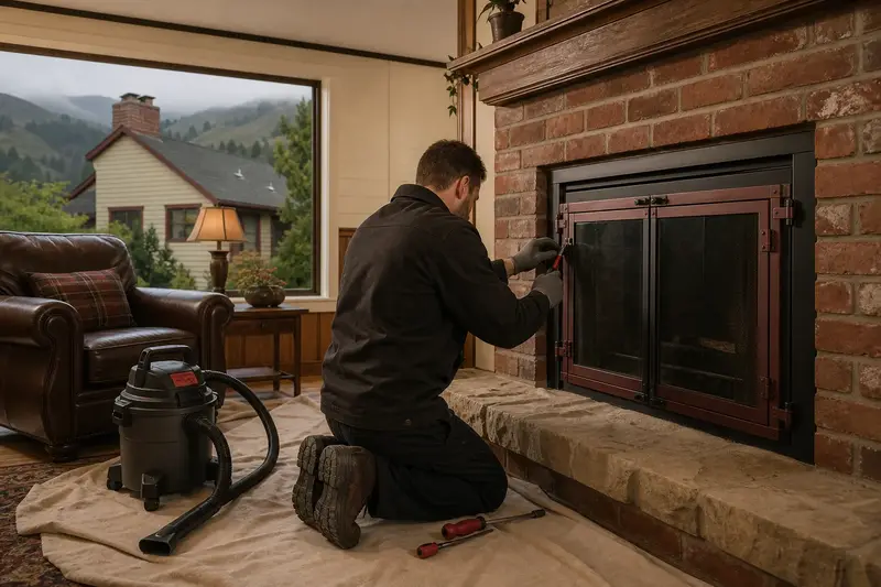 A technician adjusting the glass doors of a wood-burning insert in a brick opening with a hand tool, the fireplace unlit; illustrative image