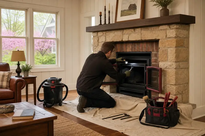 A technician checking the damper of a wood-burning insert in a brick opening with a flashlight before the heating season, the fireplace cold; illustrative image