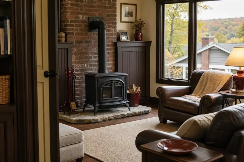 A calm hearth room with a cast-iron wood stove on a stone hearth pad, glass doors closed and no fire; illustrative image