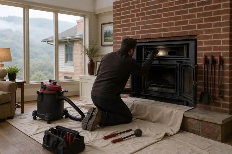 A technician checking the damper and smoke chamber of a wood-burning insert in a brick opening by flashlight, the fireplace cold; illustrative image