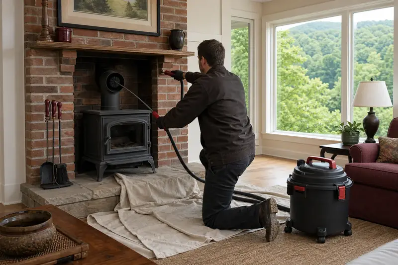 A technician feeding a rotary chimney brush up the flue of a cast-iron wood stove on a stone hearth pad, drop cloths and a sealed vacuum on the hearth, the fireplace cold and unlit; illustrative image