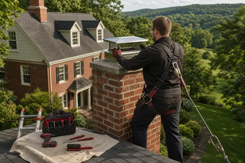 A harnessed technician setting a stainless steel mesh chimney cap onto a red brick chimney with a concrete crown on an asphalt shingle roof; illustrative image