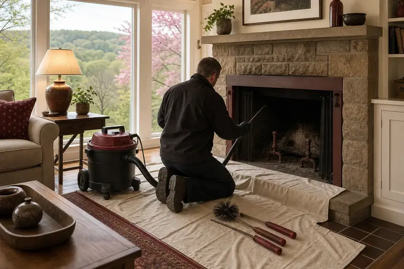 A technician kneeling at a factory-built wood-burning fireplace with a stone facing with a sealed vacuum and drop cloths, the fireplace cold and unlit; illustrative image