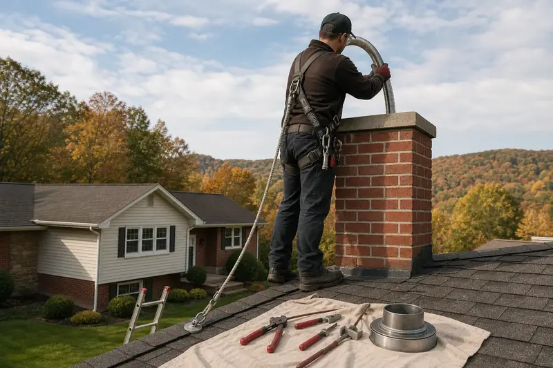 A harnessed technician guiding a flexible stainless steel liner down into the flue at the top of a red brick chimney with a concrete crown on an asphalt shingle roof; illustrative image