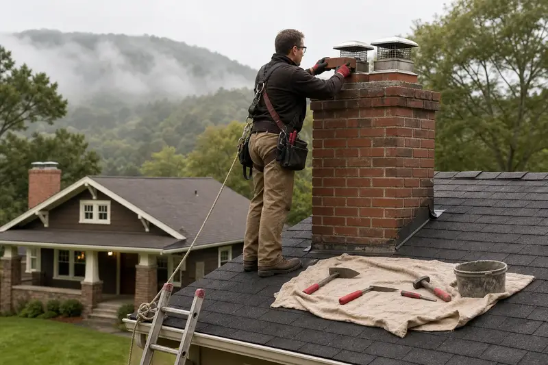 A harnessed mason setting a replacement brick near the top of a two-flue brick chimney with a stainless steel cap; illustrative image