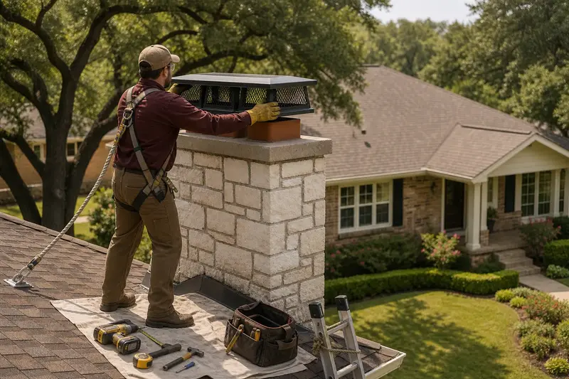 A harnessed technician fastening a multi-flue cap over the crown of a limestone chimney with a concrete crown; illustrative image
