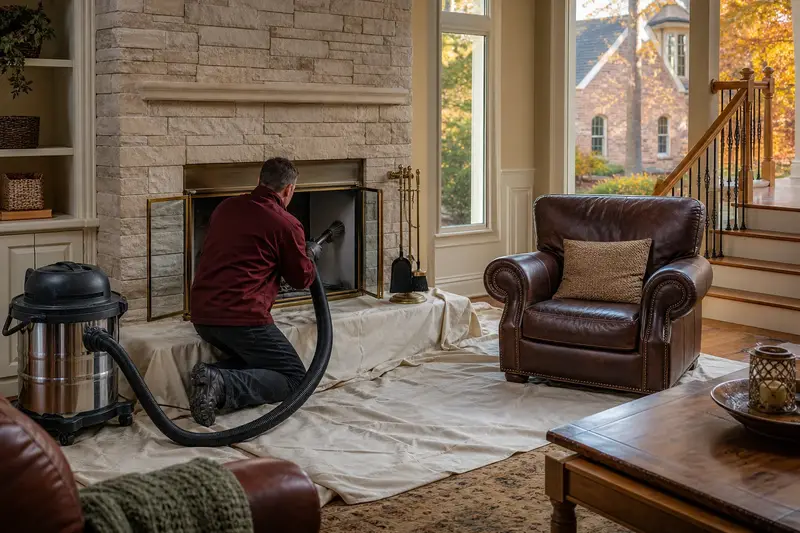 A technician kneeling at a factory-built wood-burning fireplace with a stone facing with a sealed vacuum and drop cloths, the fireplace cold and unlit; illustrative image
