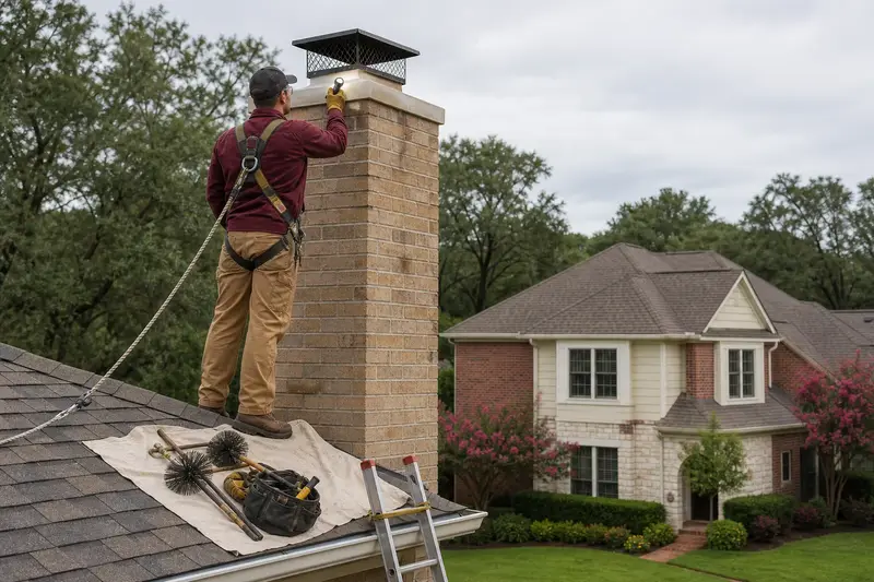 A harnessed technician examining the top of a tan brick chimney with a spark arrestor cap with a flashlight from a dry roof surface; illustrative image