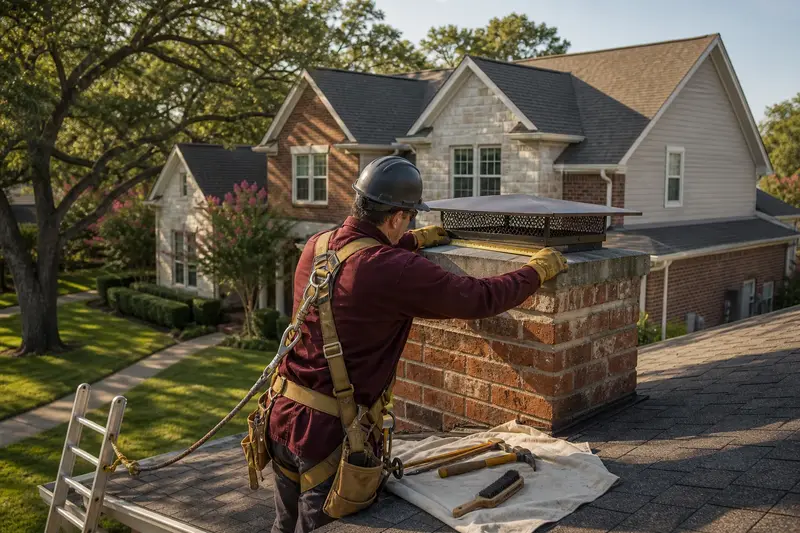 A harnessed mason measuring the crown of a brick chimney with a metal cap on an asphalt shingle roof with a folding rule; illustrative image