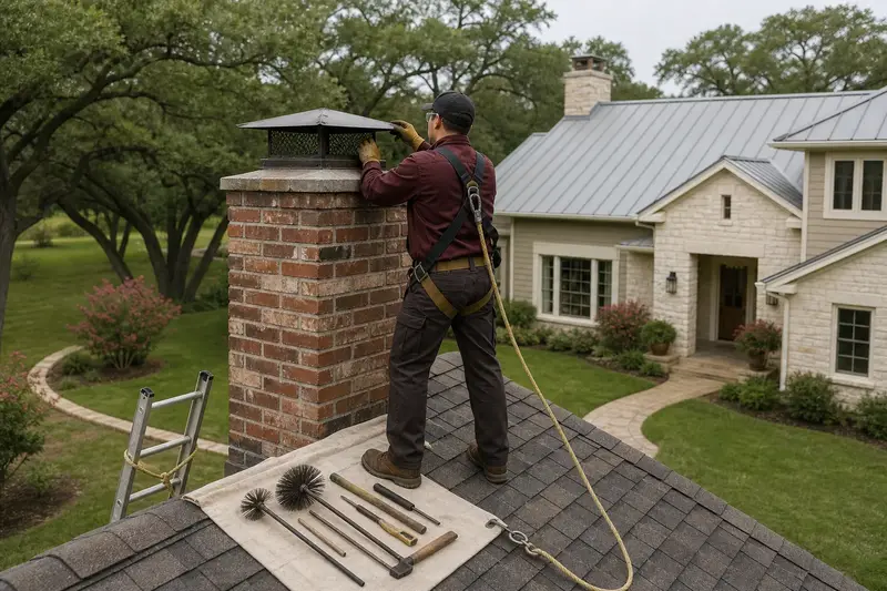 A harnessed technician checking the cap and crown of a brick chimney with a metal cap on an asphalt shingle roof before the heating season; illustrative image