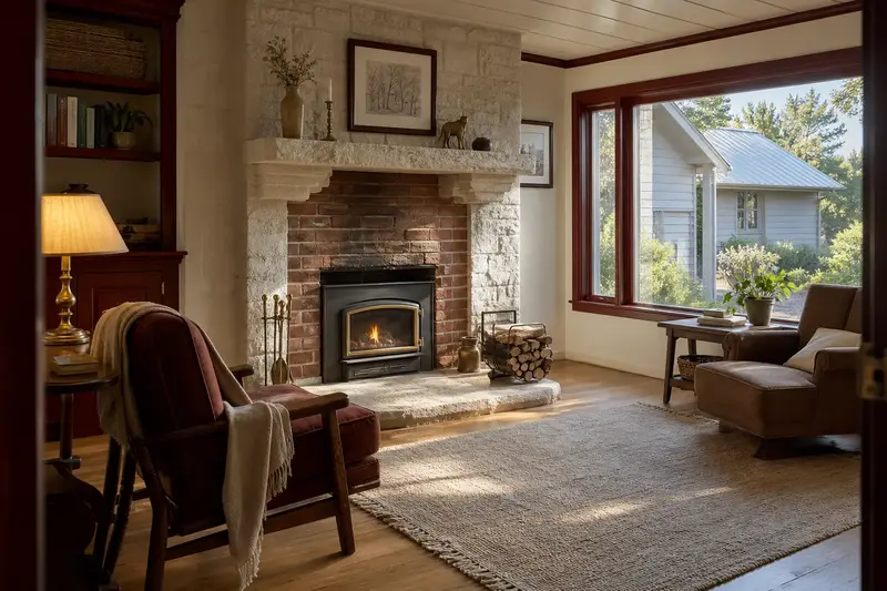 A comfortable hearth room with a wood-burning insert in a brick opening, a reading chair, a wool throw and split firewood, no one present; illustrative image