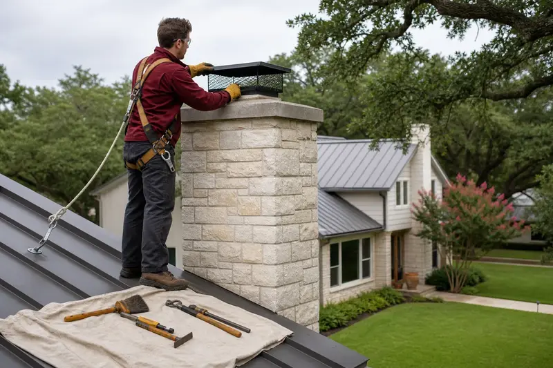 A harnessed technician fitting a mesh cap on a limestone chimney with a concrete crown to keep animals out; illustrative image